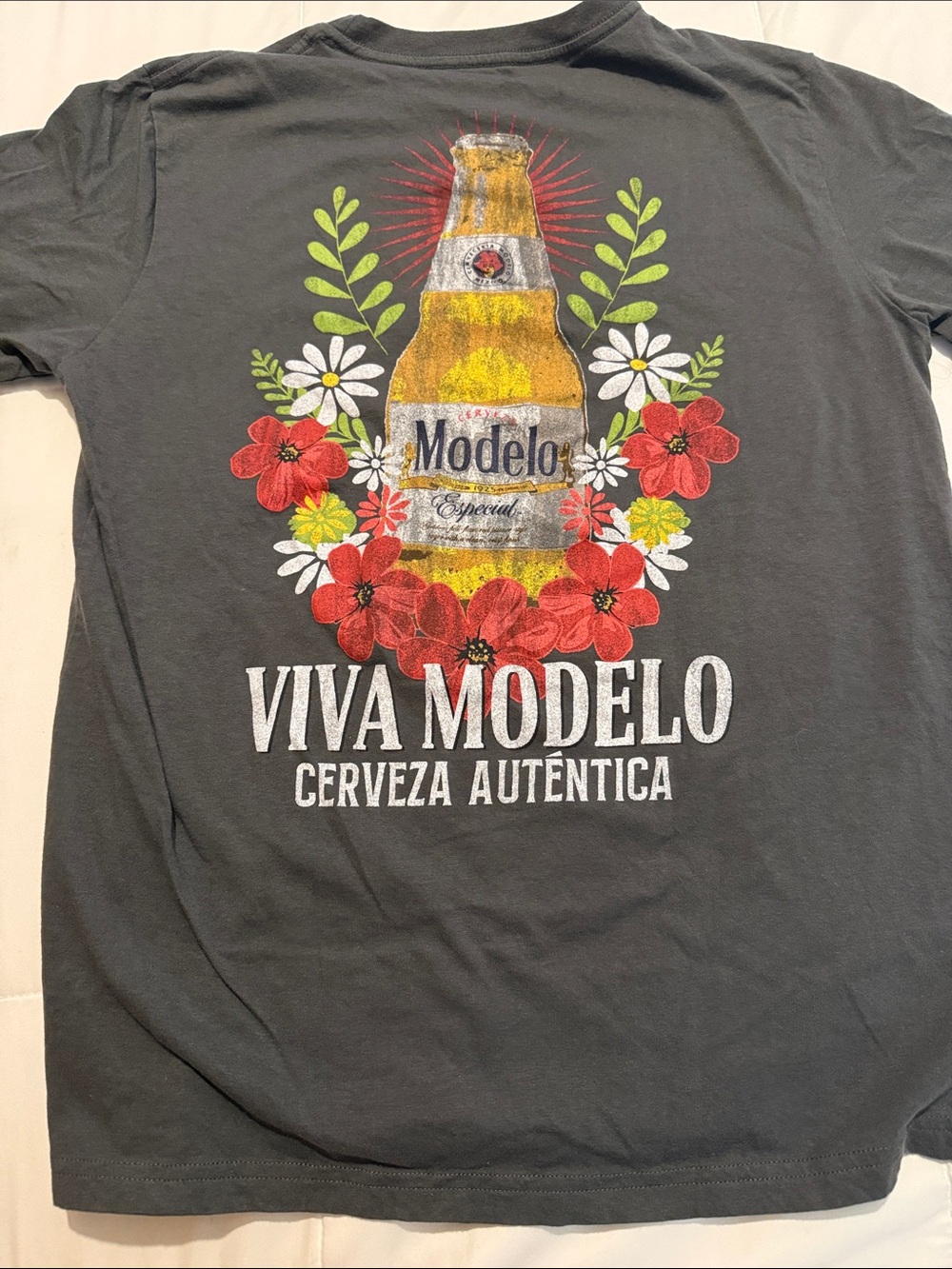 Modelo Charcoal Tee with Yellow Bottle and Red Floral Crest